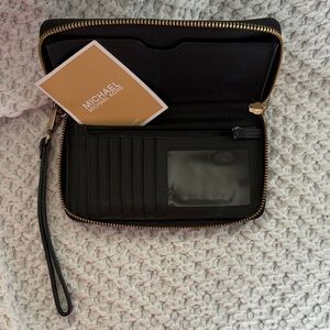 Michael Kors Black Leather Zip-Around Wristlet Wallet with Gold Hardware